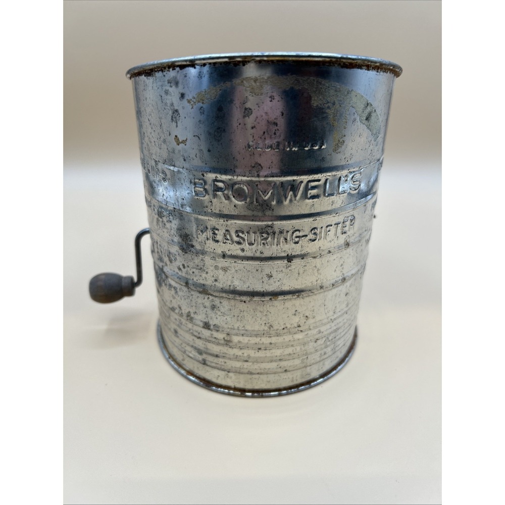 Vtg Metal Bromwells 5 Cup Measuring Flour Sifter Wood Handle Farmhouse Homestead